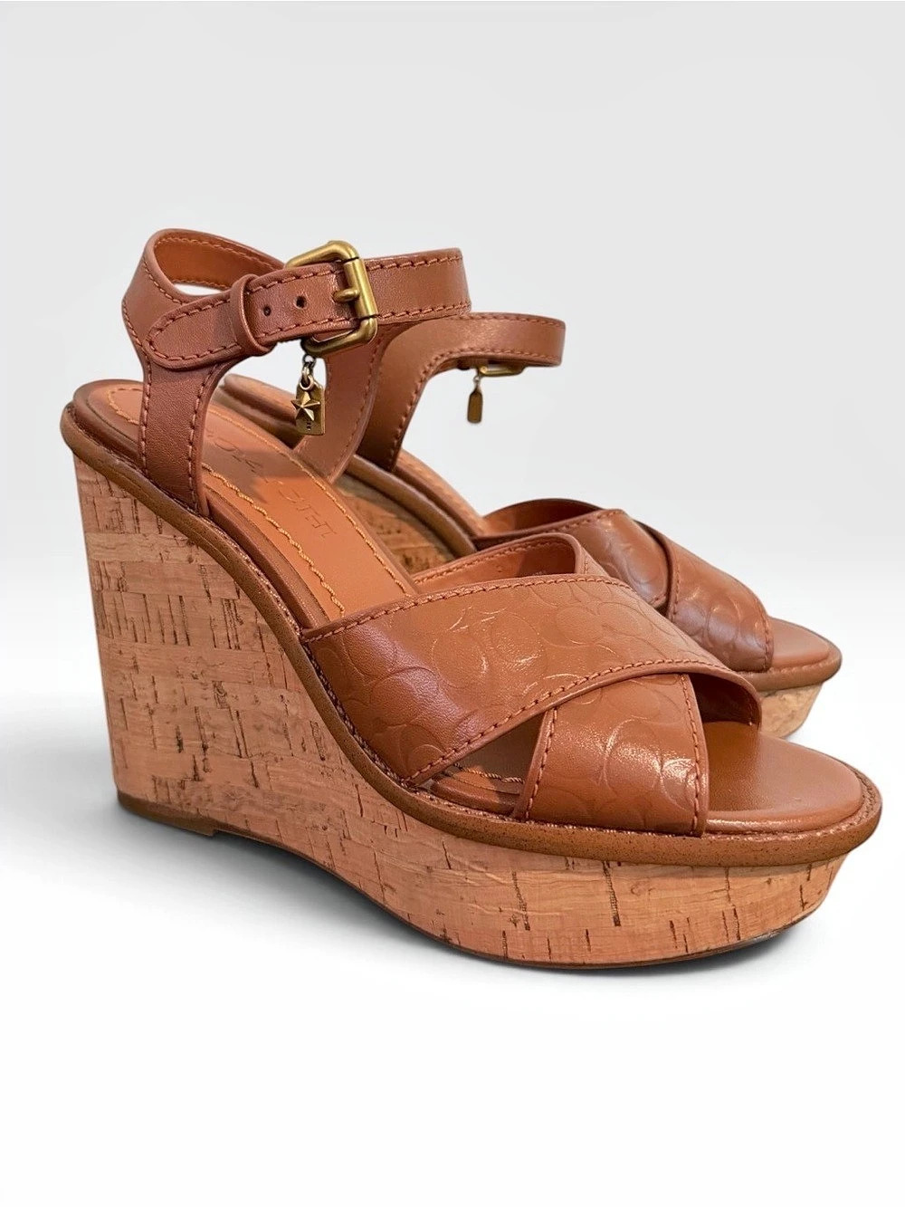Coach Cross Band High Cork Wedge Sandal size 6